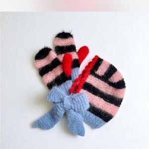 Knitted mohair&alpaca stripy bonnet hood hat and stripy mohair & alpaca mittens